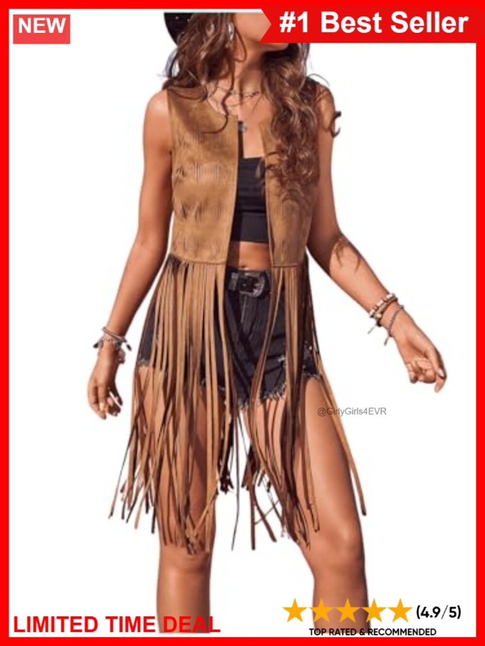 Verdusa Faux Suede Fringe Vest Sleeveless Open Front Crop Hippie Western